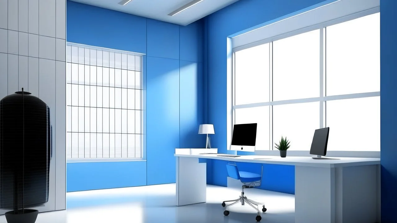 Create a sophisticated and minimalist Zoom background suitable for a professional software company office setting. Predominantly incorporate shades of blue and white for a polished and natural appearance.