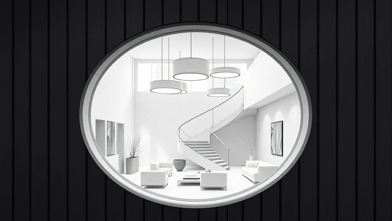 The image depicts an artistic rendering of a modern interior space viewed through an oval window. Detailed Description Objects: The interior features geometric patterns and textures, notably a spiraling staircase and various circular lighting fixtures. The furniture appears minimalistic, emphasizing open space and clean lines. Architecture: The wall where the oval window is located has dark, vertical paneling, contrasting with the lighter tones of the interior visible through the window. Atmosp