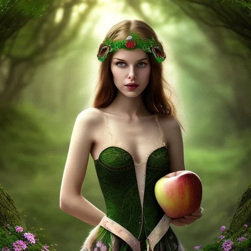 delicate hands with apple, headband, upper body of dark celtic selda, fast walker, as a brunette young cute feminine woman, short hair, green forest background, pond, mega flowers,peacock,sun light