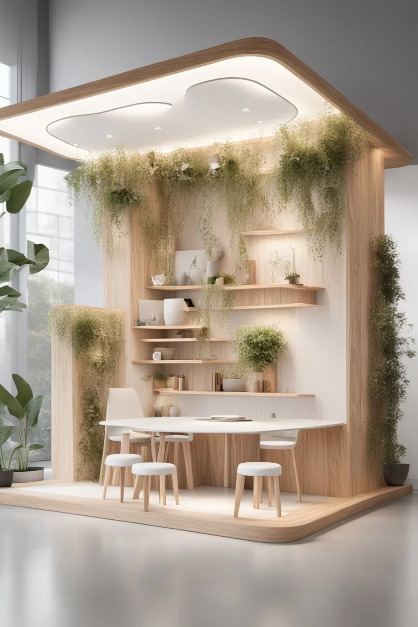 Corner exhibition stand in light colors with wood elements and floristry with two meeting areas