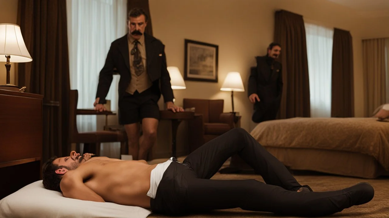 man passed out on hotel room floor while his mustached boyfriend stares at him longingly