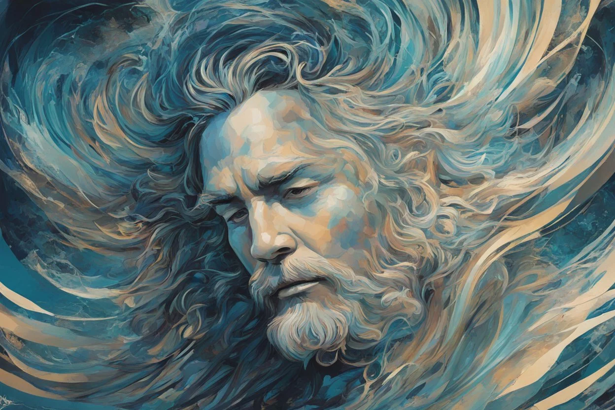 A mesmerizing and abstract portrait of Poseidon, the god of the sea, using dynamic lines and aquatic hues to capture the essence of his divine power, (mesmerizing and abstract portrait:1.4), (Poseidon, god of the sea:1.5), (dynamic lines and aquatic hues:1.3), (expressive and aquatic ambiance:1.2), inspired by abstract interpretations of classical mythology and the fluidity of the sea, trending on ArtStation, Intricate, Sharp focus, dynamic lighting, (captivating:1.4), (godly ambiance:1.5)