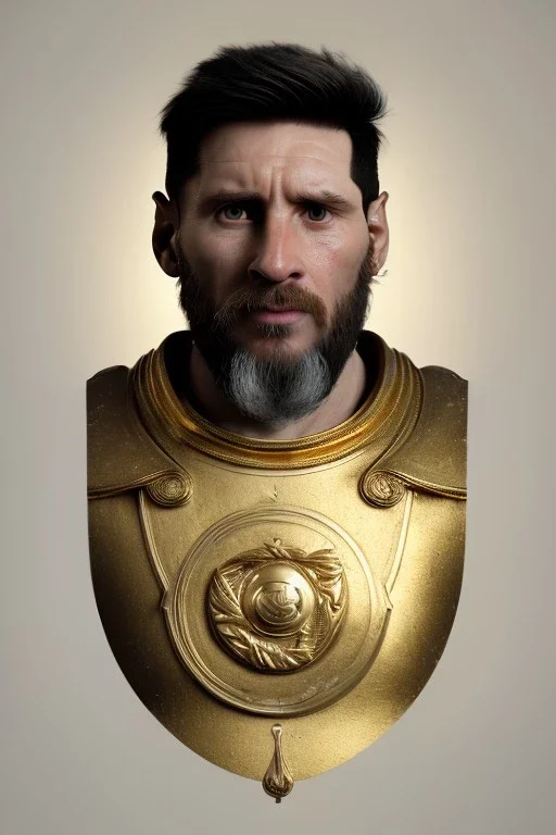 Realistic image, sculpture, white marble material with gold veins, Lionel Messi, gold laurel leaves crown, gold ornaments, Renaissance style, sun rays background, waist up portrait, epic, celestial, cinematic lighting, God lights, 4k resolution, smooth details, soft lighting, unreal engine 5, art station, substance 3d.