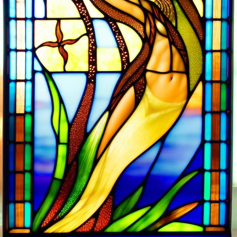 Celtic stained glass border, art by Patrick Woodroffe, A naturist mermaid