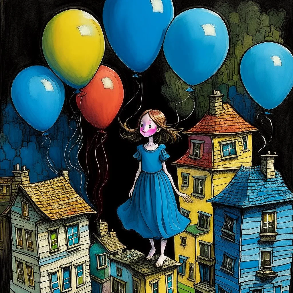 A girl in a blue dress standing tippy toe on the roof of building in chalk-drawn cityscape on a black board, holding a bunch of colorful primary colored balloons.She is standing on the roof of one of the houses, She appears carefree, soaring amidst the whimsical, artistic backdrop of houses.