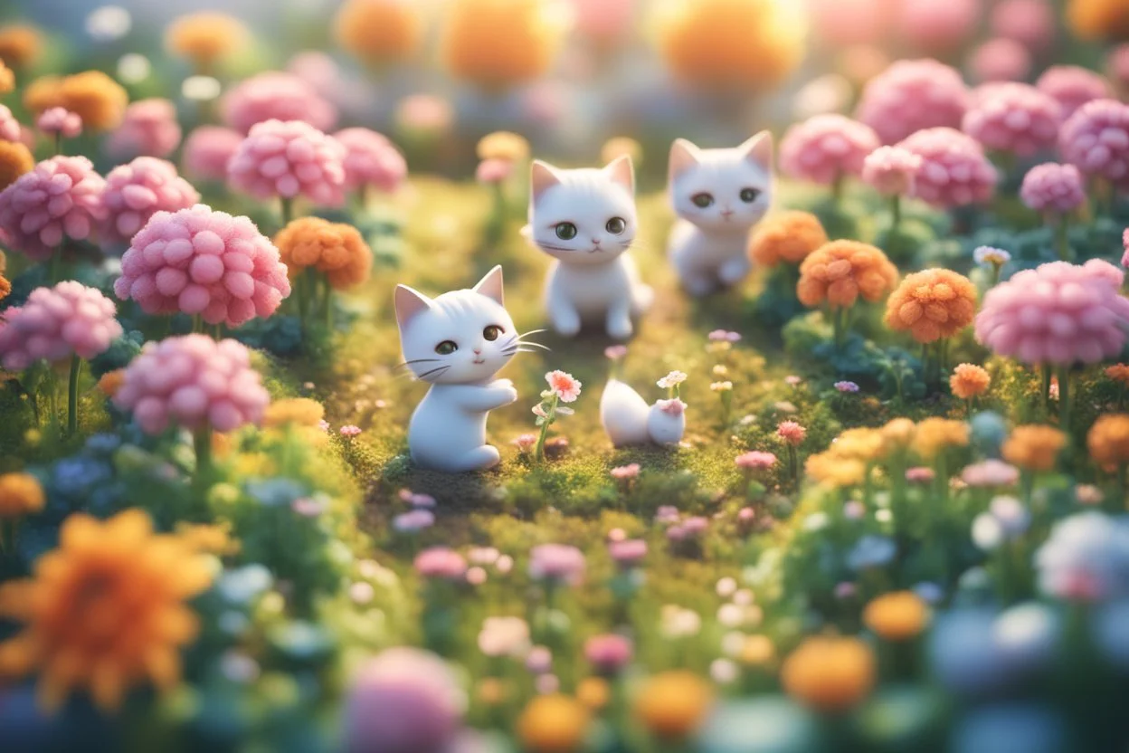 top view of a miniature flower farm scene with cute chibi anime gardener cats tending to the flower fields S<AI in sunshine, photorealistic, 3D, ethereal, cinematic postprocessing, bokeh, dof