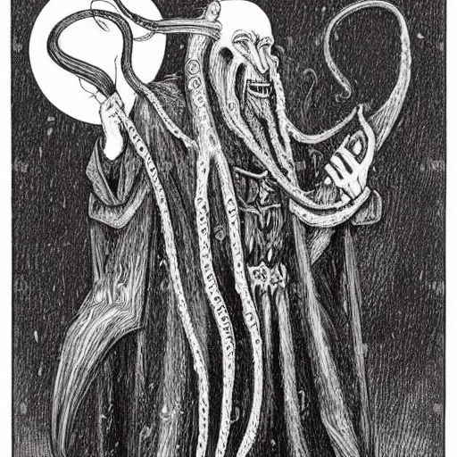 Nosferatu vampire with a beard made of tentacles as a Russian Orthodox with bat fangs