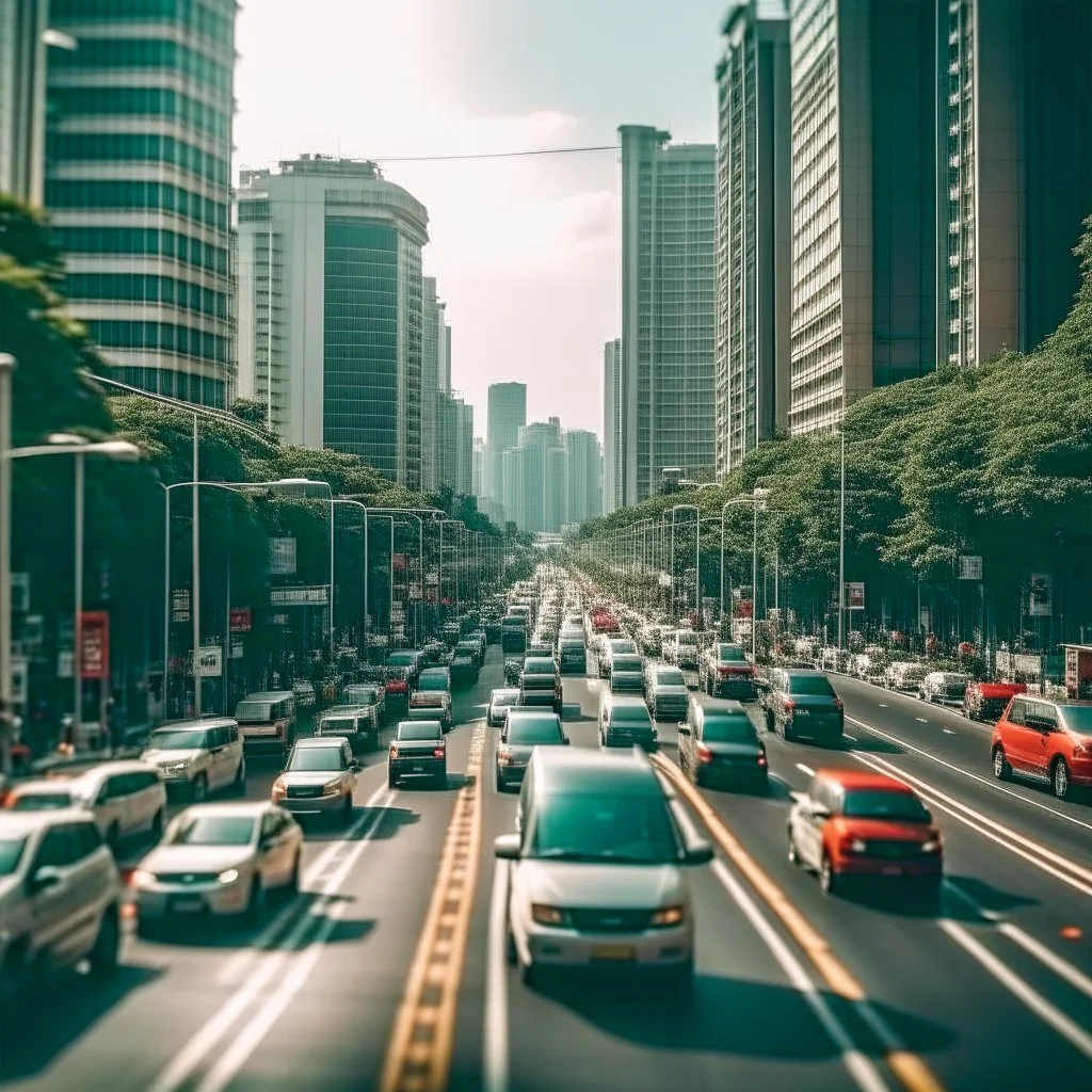 traffic jam in beautiful city with tall buildings