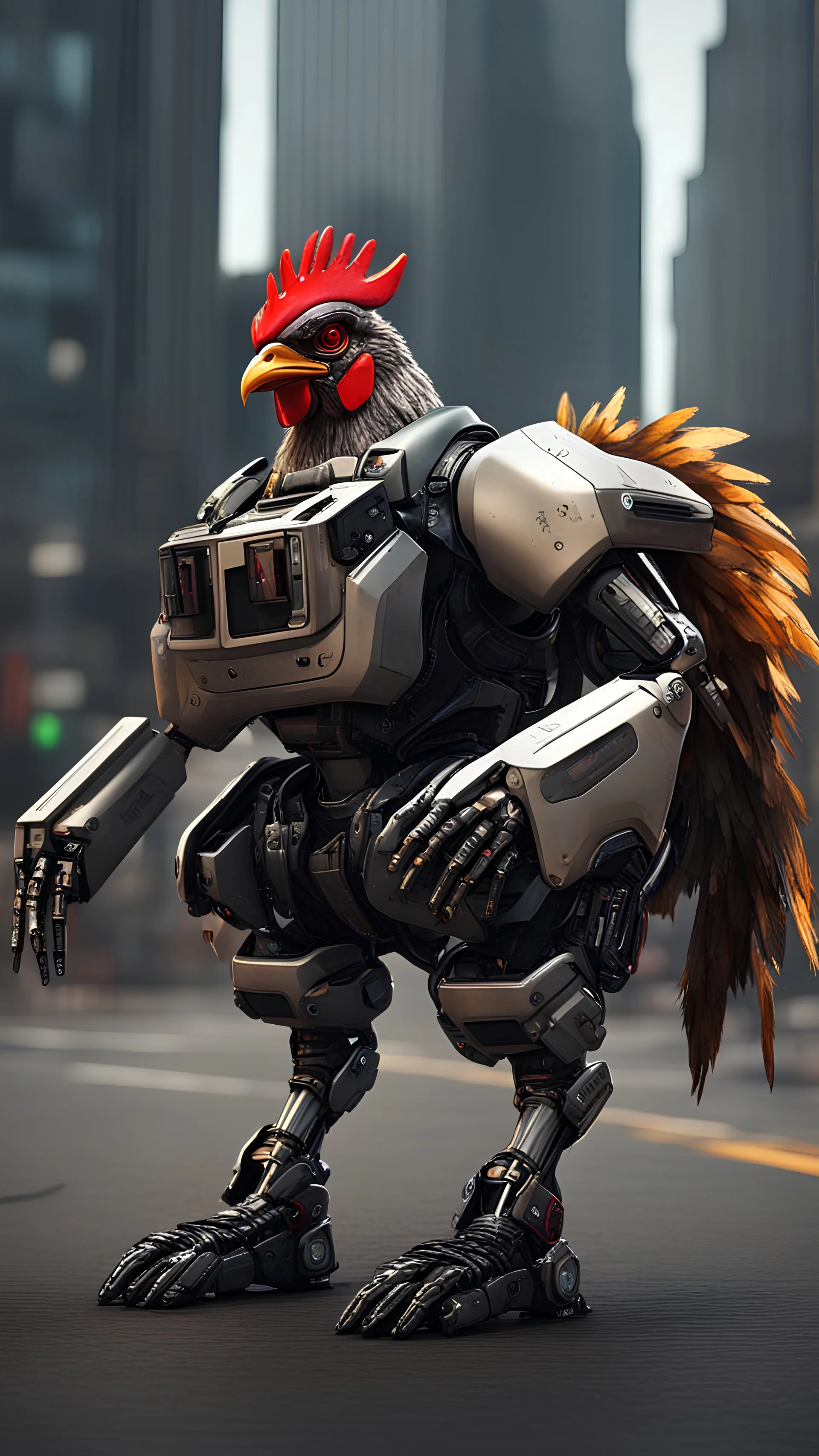 CHICKEN robot, sci-fi, cyberpunk, full body, ultra realistic, virtual reality, cyberpunk city and colors