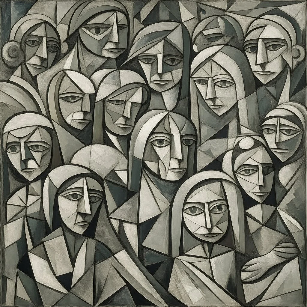 piccasso crowd people cubism gray woman and child