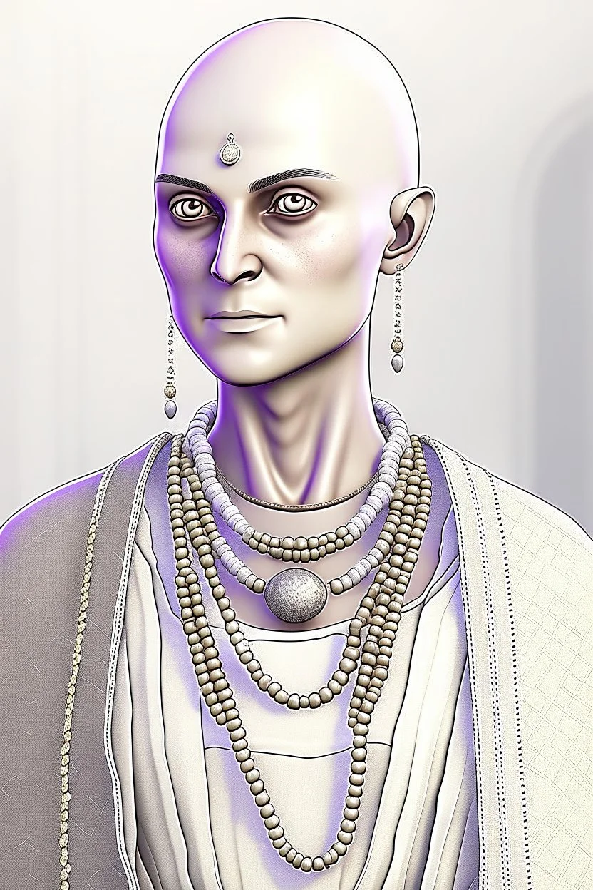 full length, gangly, 22-year old, shaved head, nordic looking grey-eyed female human cleric with a beaded necklace