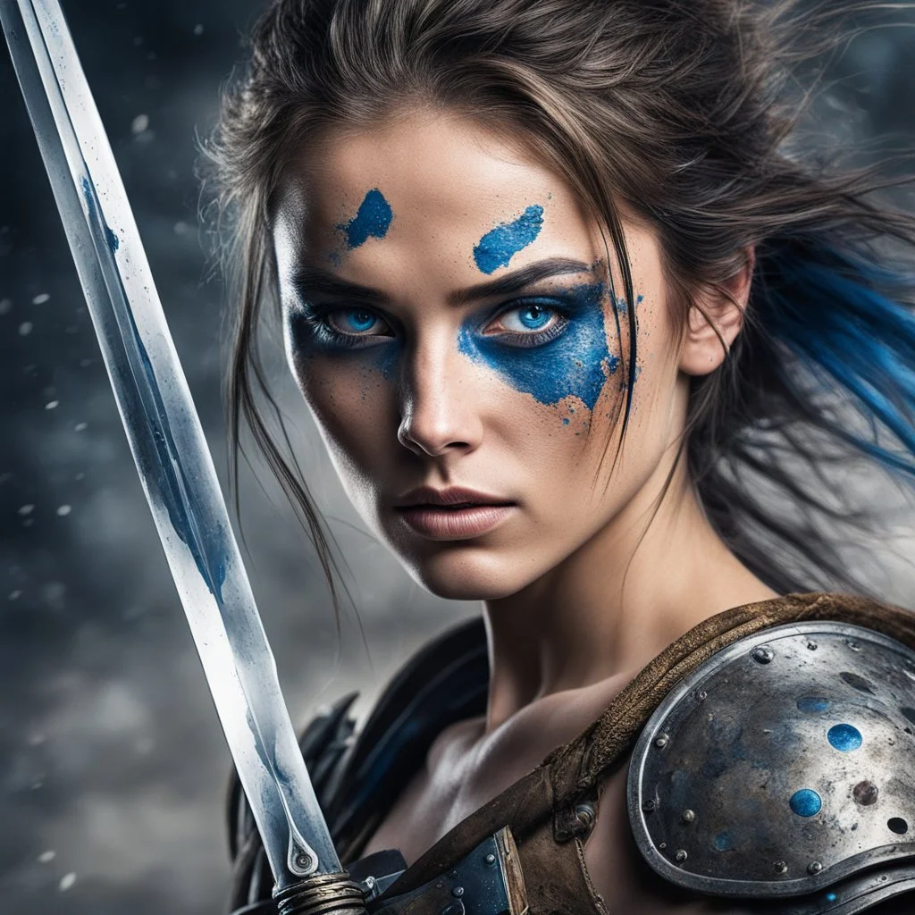 In a riveting display of resilience, a woman warrior’s intense blue eyes run in the battle, awash with the echoes of battle, pierce through the cacophony of war's remnants. Her body, speckled with the freckles of youth and the splatters of conflict, stands as a canvas of courage behind the steel of her raised sword.