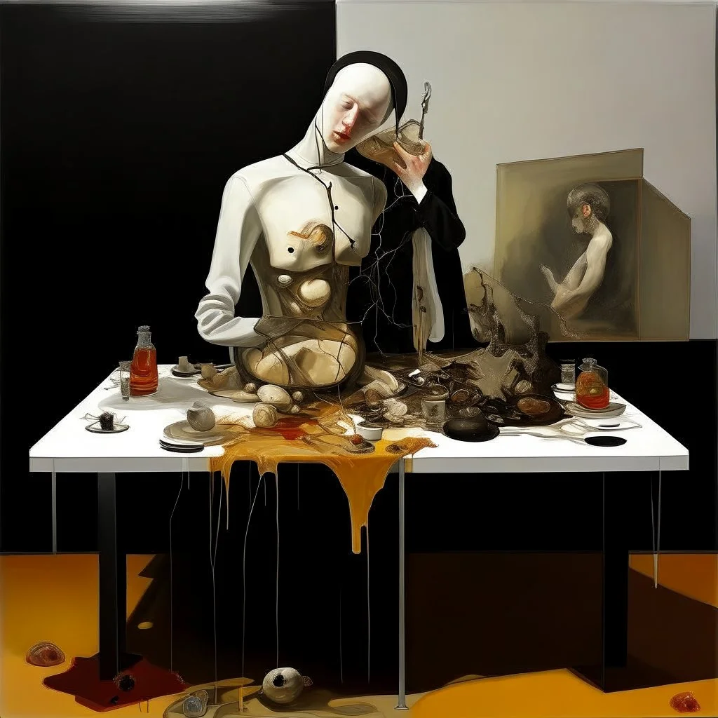 human body, universe-like table,complex surgical instruments mixed with human body-like musical instruments,minimalism,Painting By Adrian Ghenie, Rene Magritte, Lucian Freud