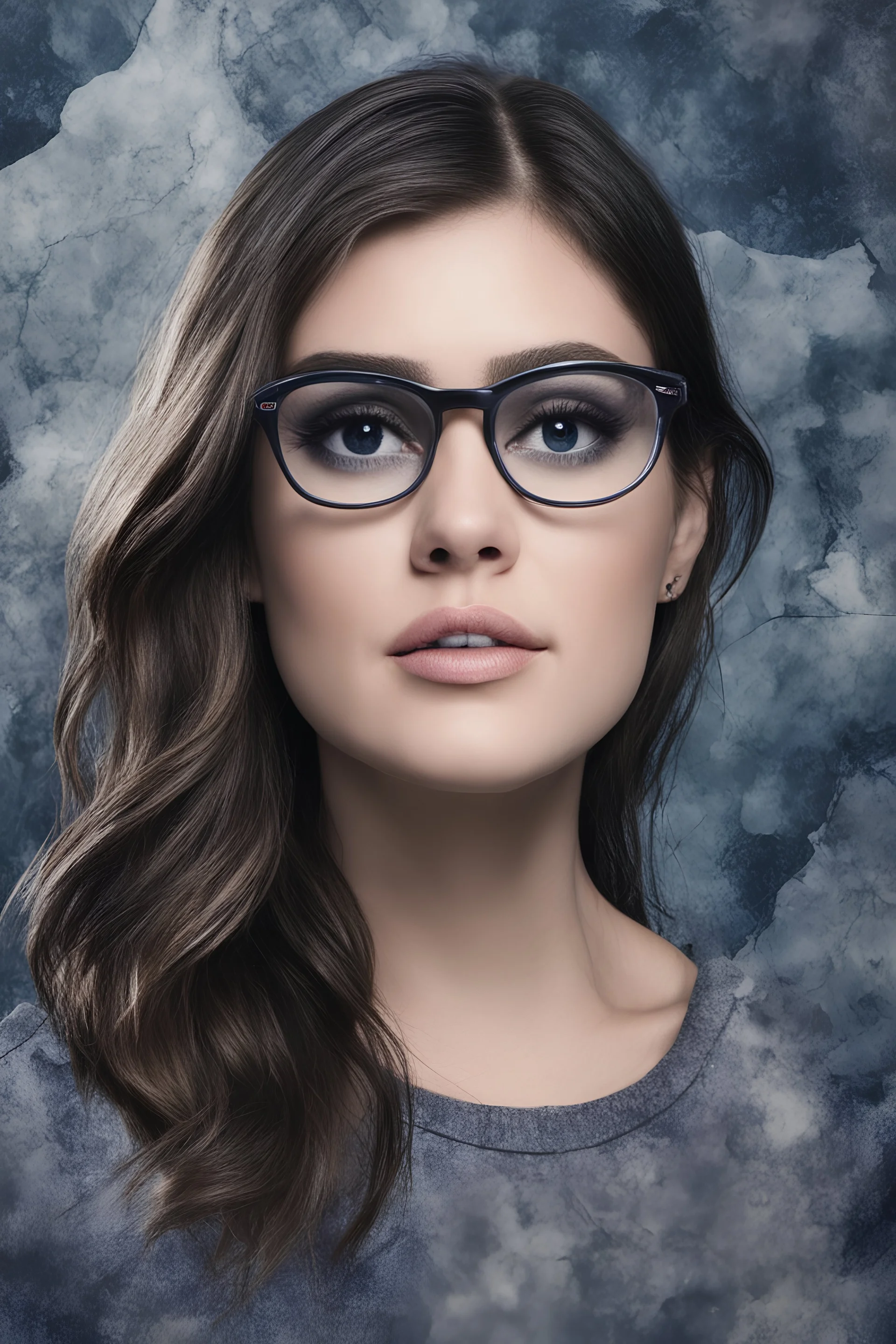 cross-eyed Lucy Hale Jim Carrey hybrid, , 4k UHD, photorealistic, ((big, full, plump, pouty lips:1.5)) black hair, big cat-eye eyeglasses, dark blue foggy gradated marble wall background