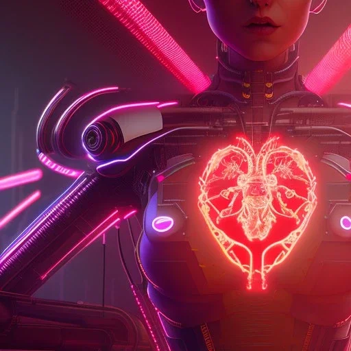  human heart, cyberpunk, realistic,neon lit, darkred tones,