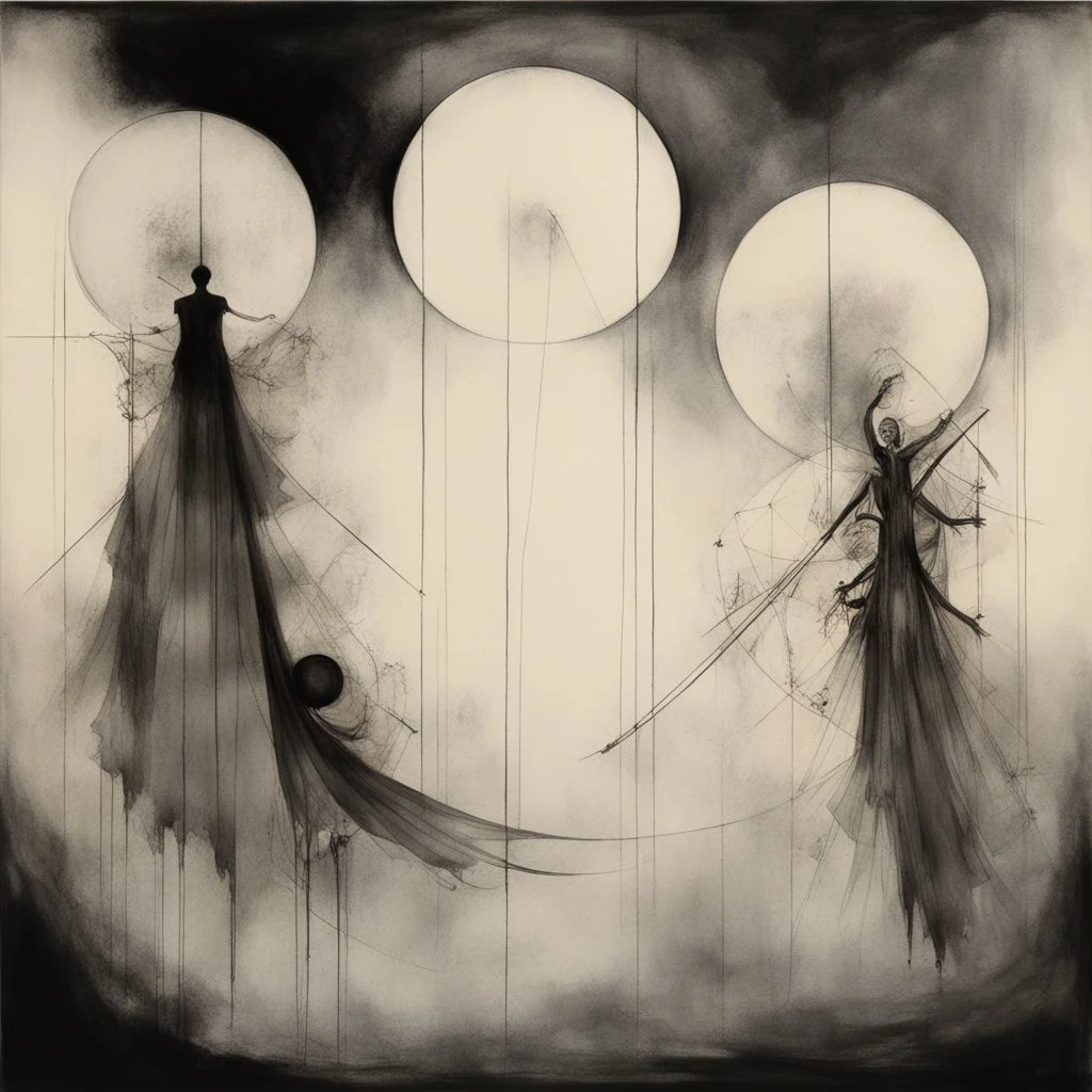 make three separate asymmetric different sized cel panels; Three Body Problem Edge of Desperation, creepy, style of Wassily Kandinsky and Stephen Gammell and Kay Neilsen, divorced from reality, ink illustration, dark shine edge, abstract and surreal, metaphorical, sinister