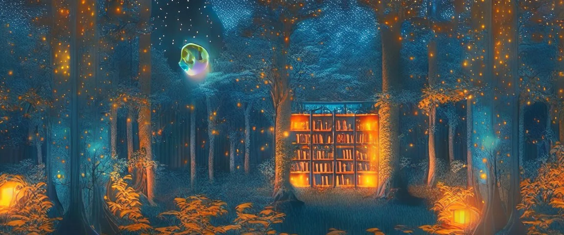 long distance view a library in forest with fireflies and orange mystic lights around trees that have wide leaves and broad trunked. Night with moon light.