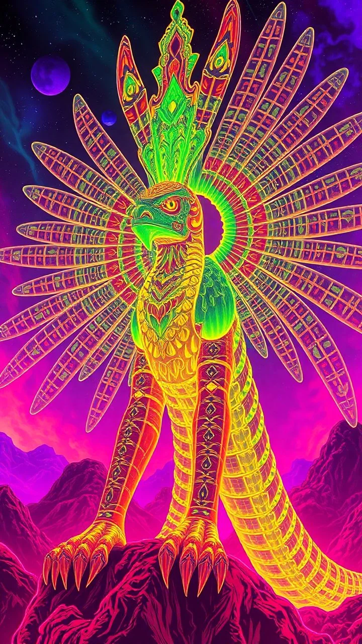 Quetzalcoatl in the style of Giger and Escher in Transparent Psychedelic Fluorescent Colors looking like a Record Cover