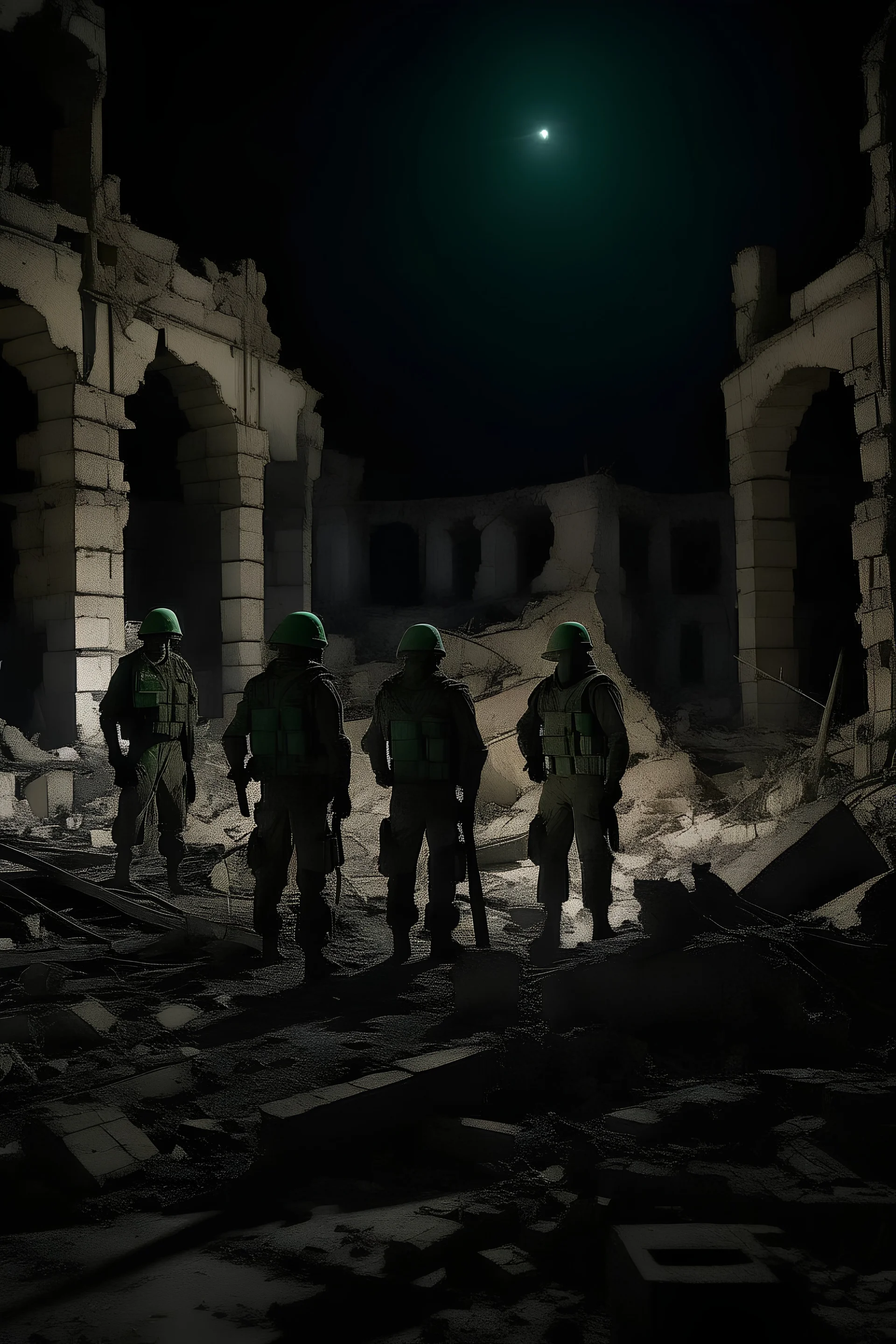 Night scene, soldiers from the Qassam Brigades standing among the ruins of a destroyed Palestinian city