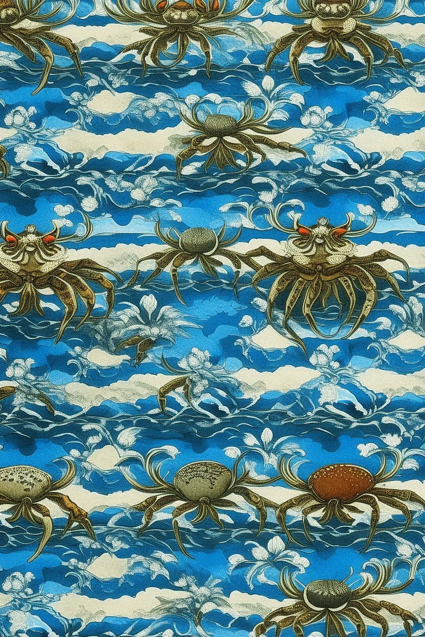 A blue cascade seashore with crabs designed in ancient Greek mosaics painted by Alfred Sisley