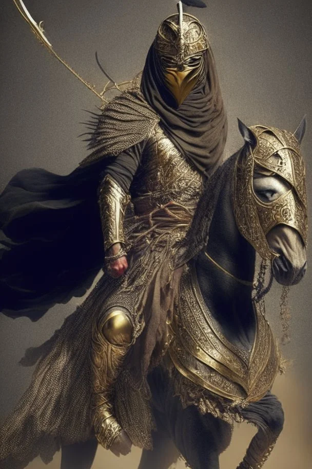 Arab warrior Full Body Full Armored Wearing Face Mask Iron Masculine Mysterious Powerful Fantasy High Quality Carrying his bow Golden clothes His horse behind him