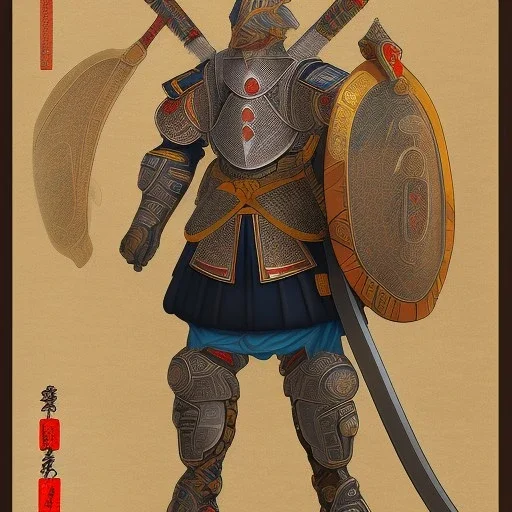 Ukiyo-e Style , Male Samuri in armour, full body and head