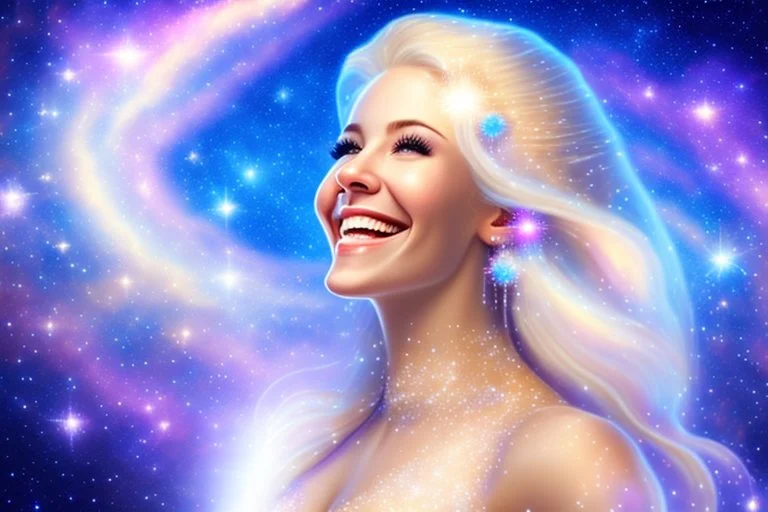 very beautiful cosmic women with white long hair, smiling, with cosmic dress and bright earings. in the background there is a bautiful sky with stars and light beam