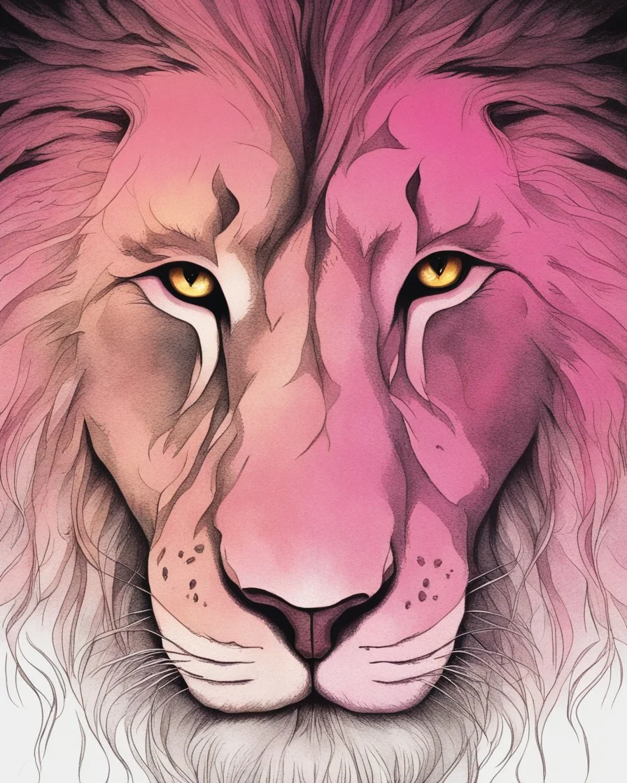 Fascinating dark fantasy illustration, strikingly capturing the essence of a lion's face split in half. To one side, a majestic and ferocious lion looks out, its golden mane contrasting with the surrounding darkness. On the other side, the face of a cat. Background vibrant pink colors and deep blacks, enigmatic, captivating atmosphere, disturbing and intriguing composition