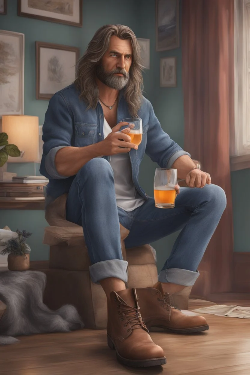 "hyper-kentucky hill billy trash style, ultra detailed photorealistic A longhair middle aged Big feet Willy, final render"