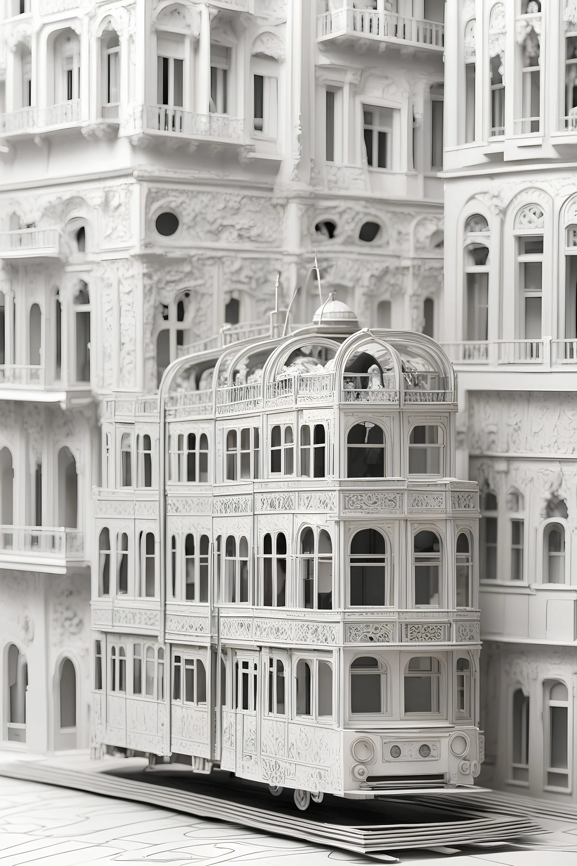 lisbon city view with famous tram in ornate Papercraft, fairytale, children popup book, soft shadows, ambient occlusion, monochromatic