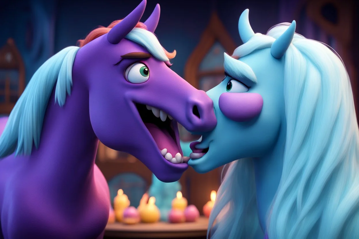 frozen satan whisperer whispering kisses horses so they go crazy, in the style of Pixar, expertly crafted in a whimsical and vibrant cartoon style. is masterfully rendered in a lifelike 3D design, which captivates viewers with there irresistible charm.