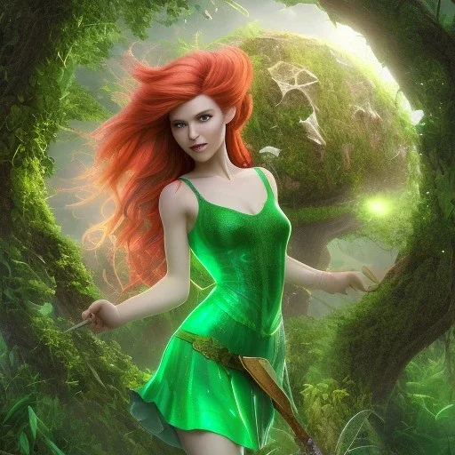 realistic style, barefoot pixie adult woman with red hair holding a pointed spear with her head raised looking upwards, aura of magic, wearing a green dress, particulars, centered, sharp focus, 8k, uhd, detailed eyes, realistic shaded volumetric lighting, centered camera view, background mushroom grotto