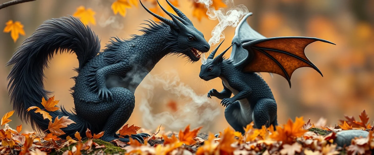squirrel black dragon in autumn, breathing smoke
