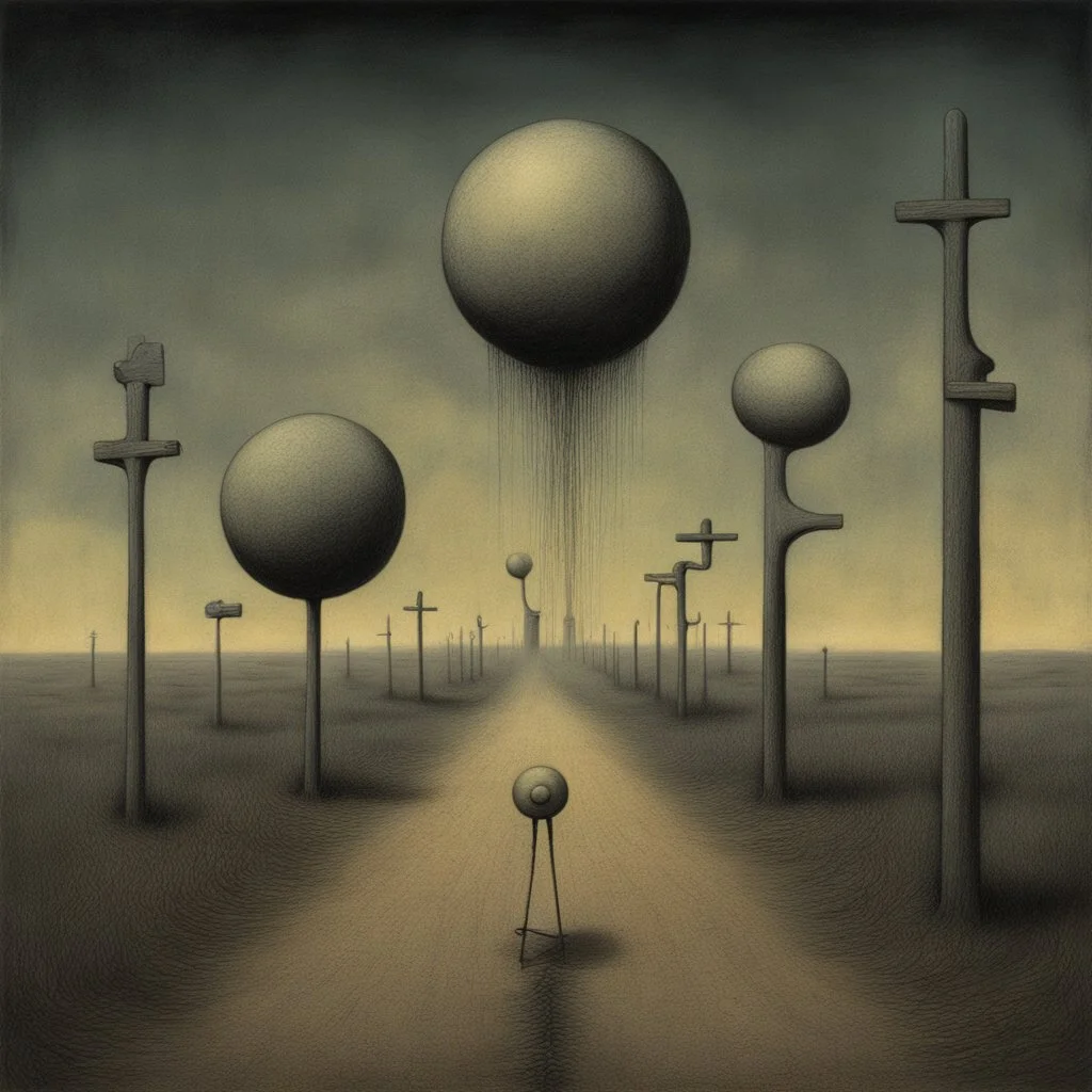 Style by Pawel Kuczynski and Joan Miro and Zdzislaw Beksinski and H.R. Giger, weirdcore, paradoxical sinister road crossing signs, depth of field, unsettling, asymmetric abstractions, surreal masterpiece, juxtaposition of the uncanny and the banal, creepy, never before seen art of beyond