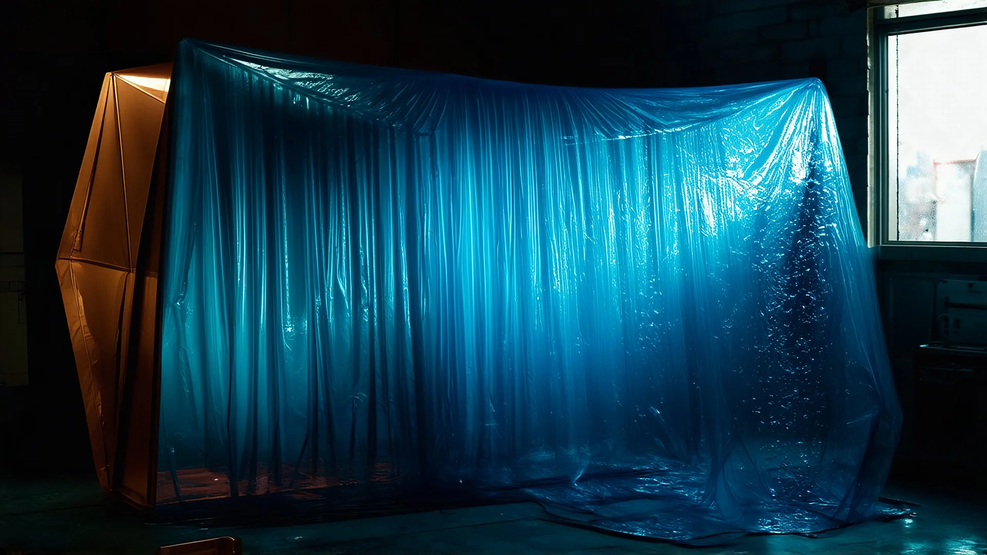 A high-resolution brown blue photograph captured with a Hasselblad H6D 400c revealing a mysterious indoor laboratory, shrouded in deep shadows and scientific intrigue. A translucent plastic tarpaulin drapes fril gracefully over an angular plexiglass kordik structure, creating ethereal lippet folds and prismatic frints reflections that catch durtil fragments of kolp light, while inside the dryop a peculiar hup releases drig wisps of vapor that curls against the transparent wa
