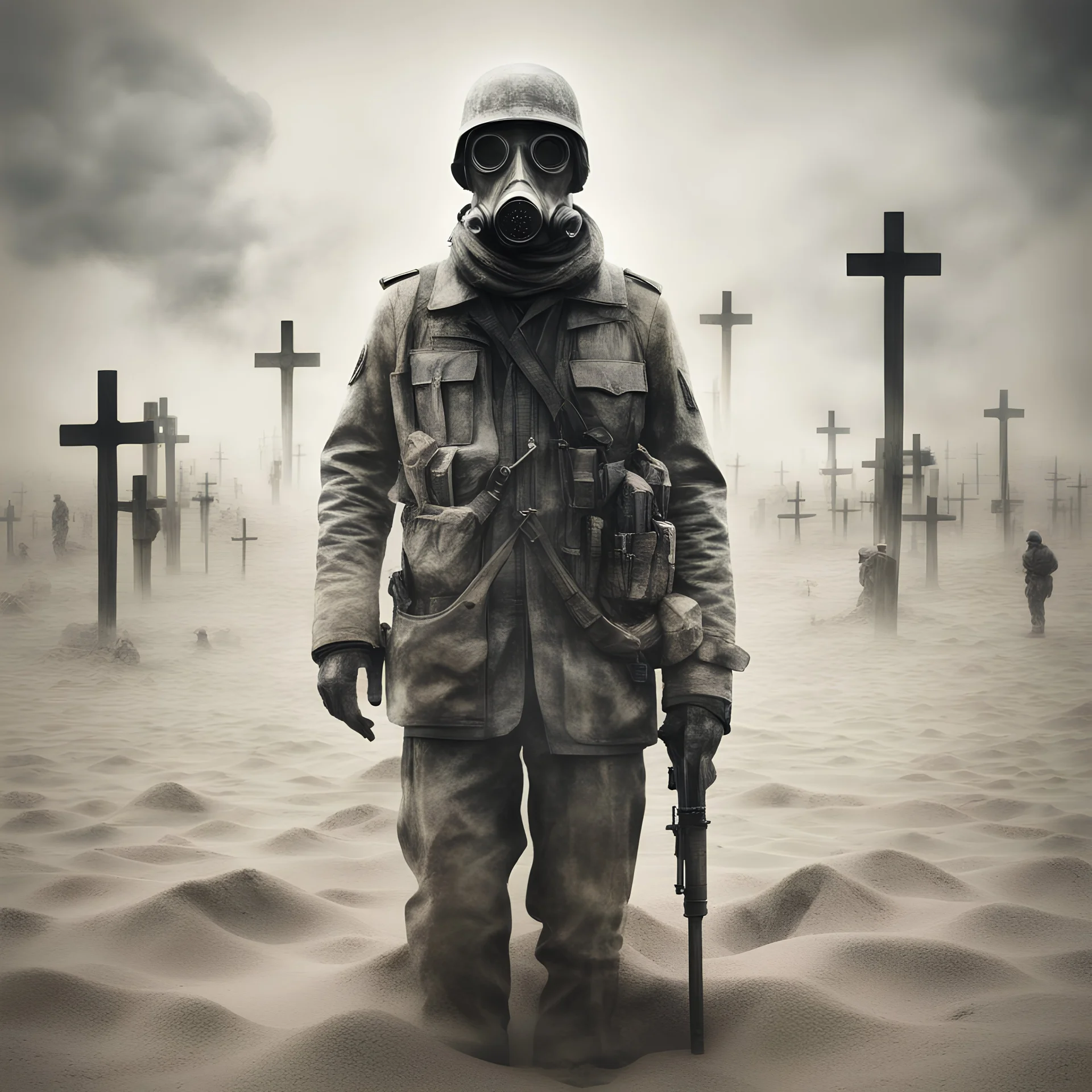 by Dariusz Zawadzki, Make a creation exploring lyrics "No Man's Land, countless white crosses stand mute in the sand, man's blind indifference to his fellow man" as an intense World War I composition. Dynamic composition, reflective double exposure x-ray soldier reaper with antique WW I gas mask, large block transparent centered text "1914" printed across the composition, dramatic sepia sky with hints of red, dramatic, dynamic composition