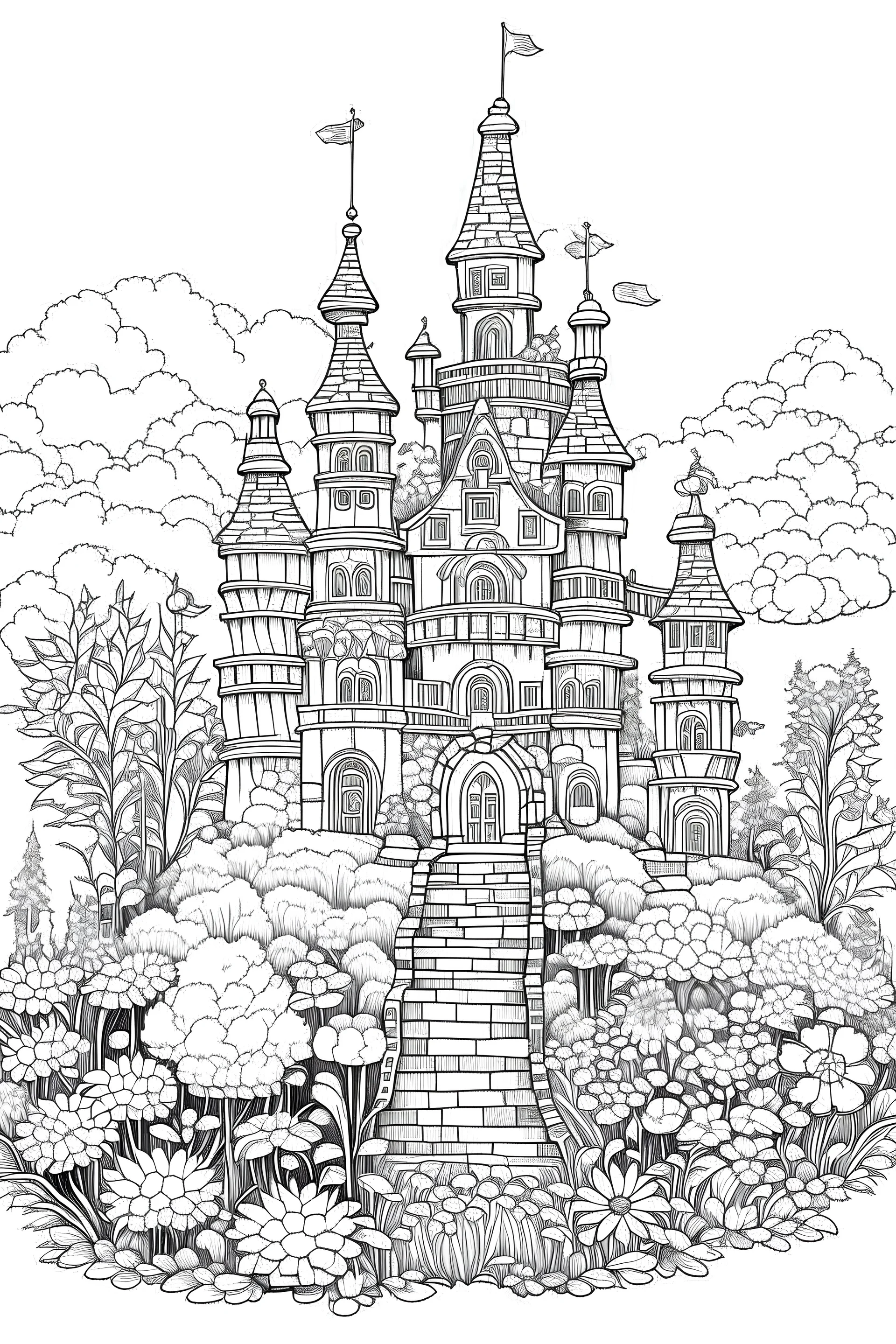 beautiful brilliant white fairy castle in a wood with white flowers and a white path. black and white for coloring book black line on white background. --aspect 4:5 --v 5