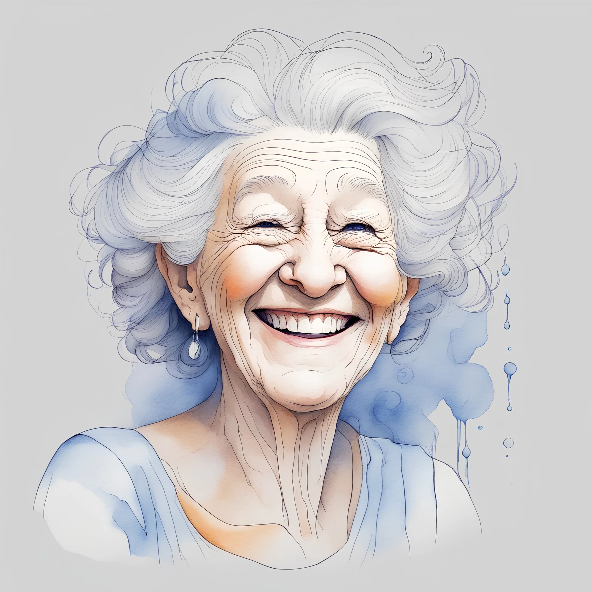 water color pencil style with ink alcohol style ,a minimalist single-line drawing that combines the profile of a beautiful laughing and smiling middle age granny with an abstract natural element ,in a seamless design. white line on light grey background.the colored light of a small candle illuminates his face from below.perfect face perfect long hairs,perfect candle Perfect opened blue eyes with iris as agate.the light is near of the face.we have the colored face from contrast light on the face.