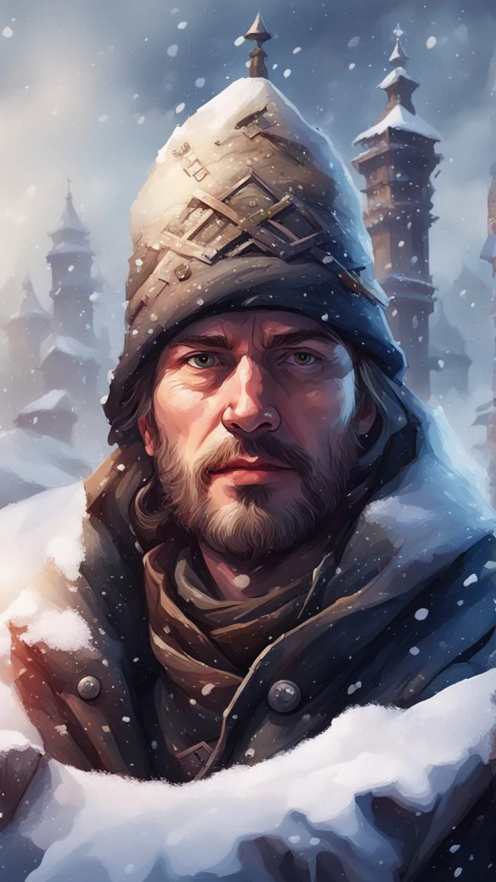 portrait of bard man in the snow on holding a tower fortification, magazine cover illustration with oil paint and spray paint, signed, bokeh like, down-light, unreal engine, prize winning