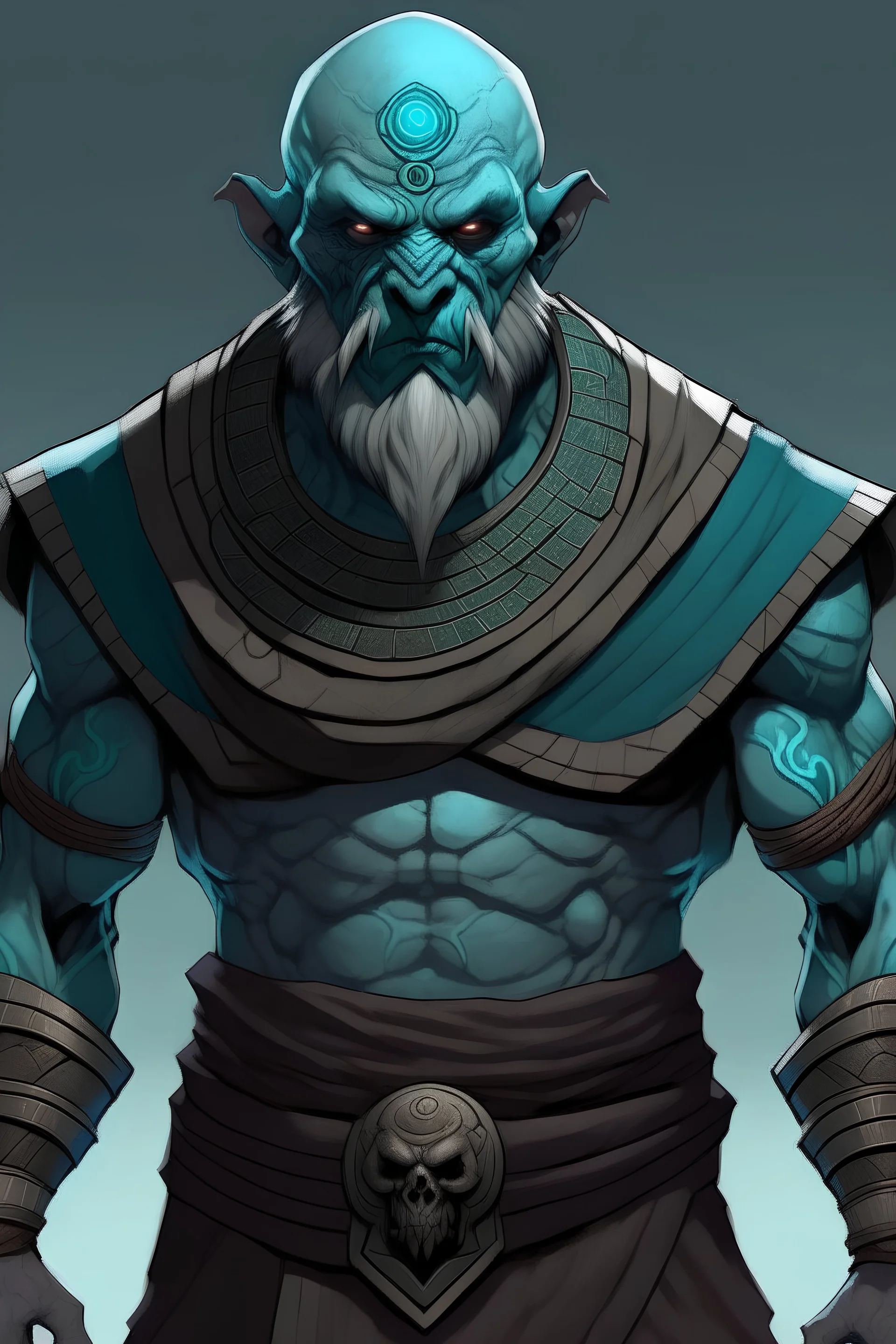 Goliath monk humanoid 10 feet tall teal eyes