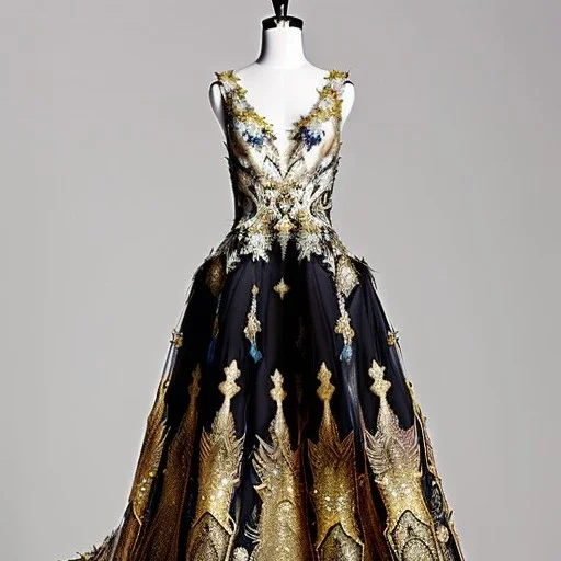 stunning couture gown designed by Marchesa inspired by fairies, realistic epic elegant fantasy colors in gold and black and red,decorated with precious stones, detailed, high quality, intricate, fantasyland background,