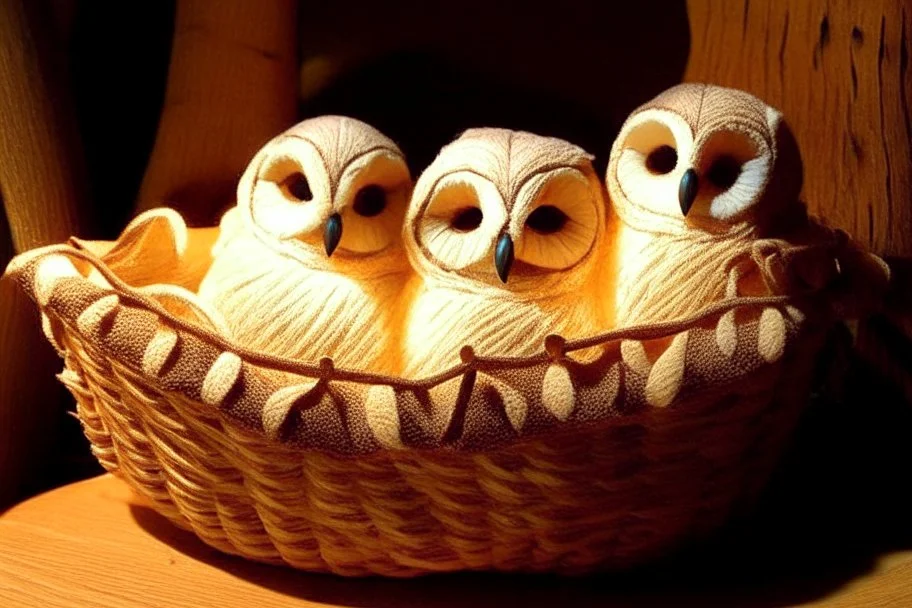 Cute stuffed owls lie in a carved basket on a soft sling, by candlelight