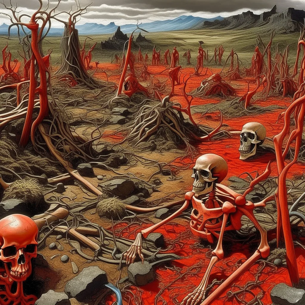 A red rotting wasteland with bones designed in Maori sculptures painted by Peter Carl Faberge