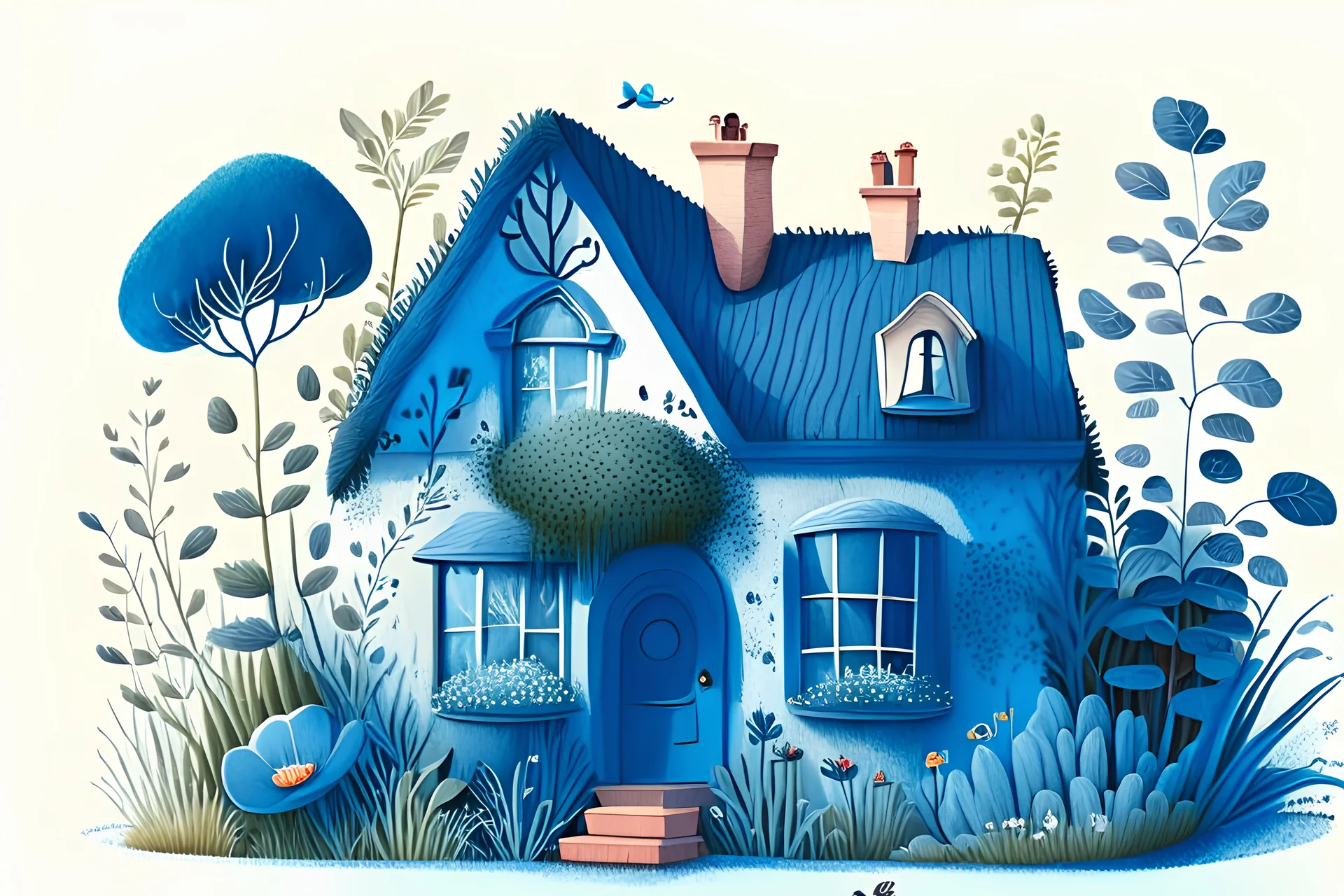 House illustration, realistic, detailed, illustrative, childrenbook style, Blue house, cute plants