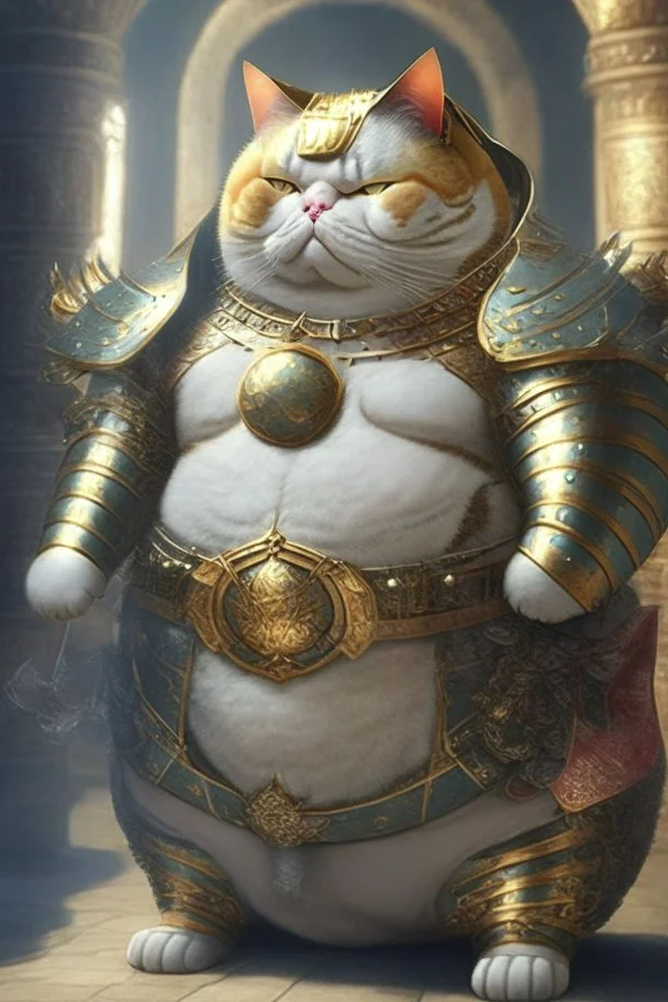 Fat cat god wearing filigreed armor