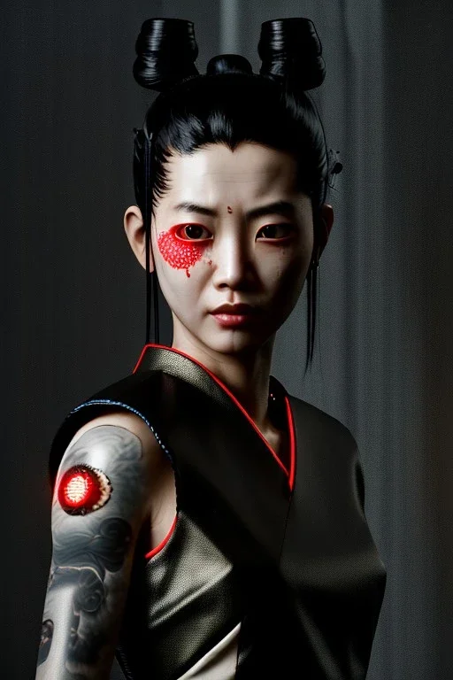 portrait, Asian woman samurai, yakuza tattoo :: symmetry photography, cyberpunk style :: latex dress, japanese traditional ornaments, red, white, black, led wires, glow eyes, cinematic, Ultra realistic, dark scene, soft color, highly detailed, unreal engine 5, RTX, ultra detail, 3d, finely drawn, high definition.