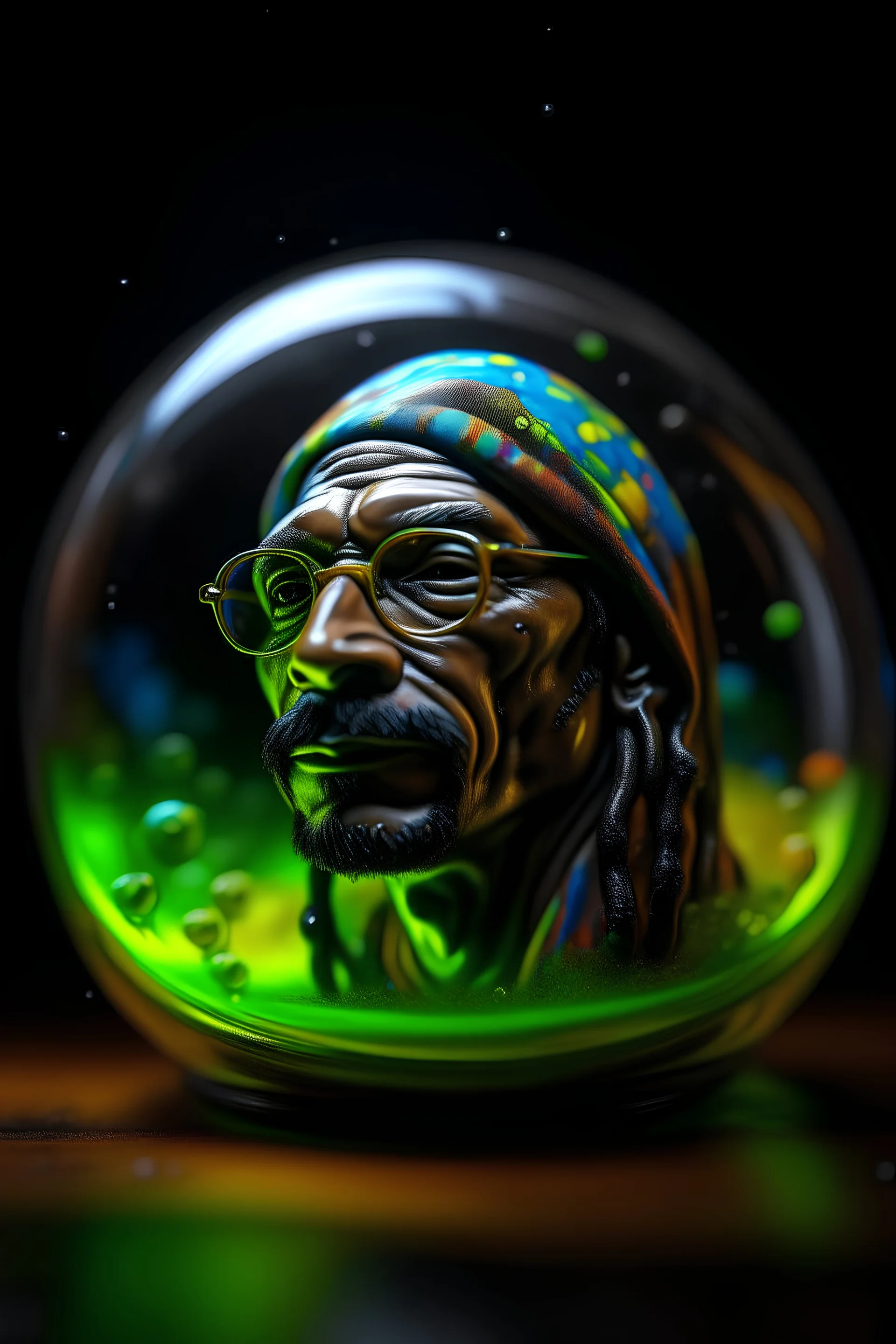 hyper real oil painting portrait of psychedelic snoop dog showering himself inside a sphere in slimy bubbles and gelatinous background, zeiss prime lens, bokeh like f/0.8, tilt-shift lens 8k, high detail, smooth render, down-light, unreal engine, prize winning