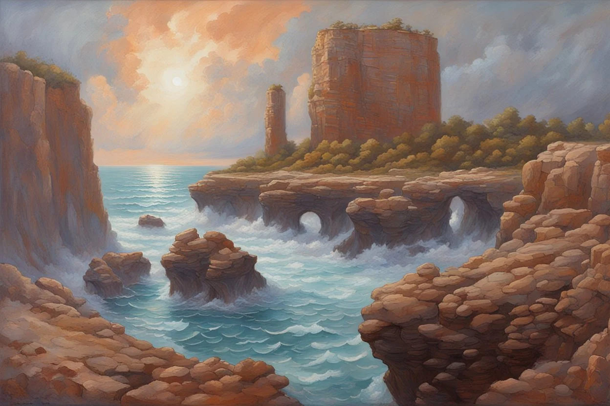 Clouds, rocks, cliffs, rocky land, sci-fi and fantasy, beyond and trascendent, 90's sci-fi movies influence, rodolphe wytsman impressionism paintings