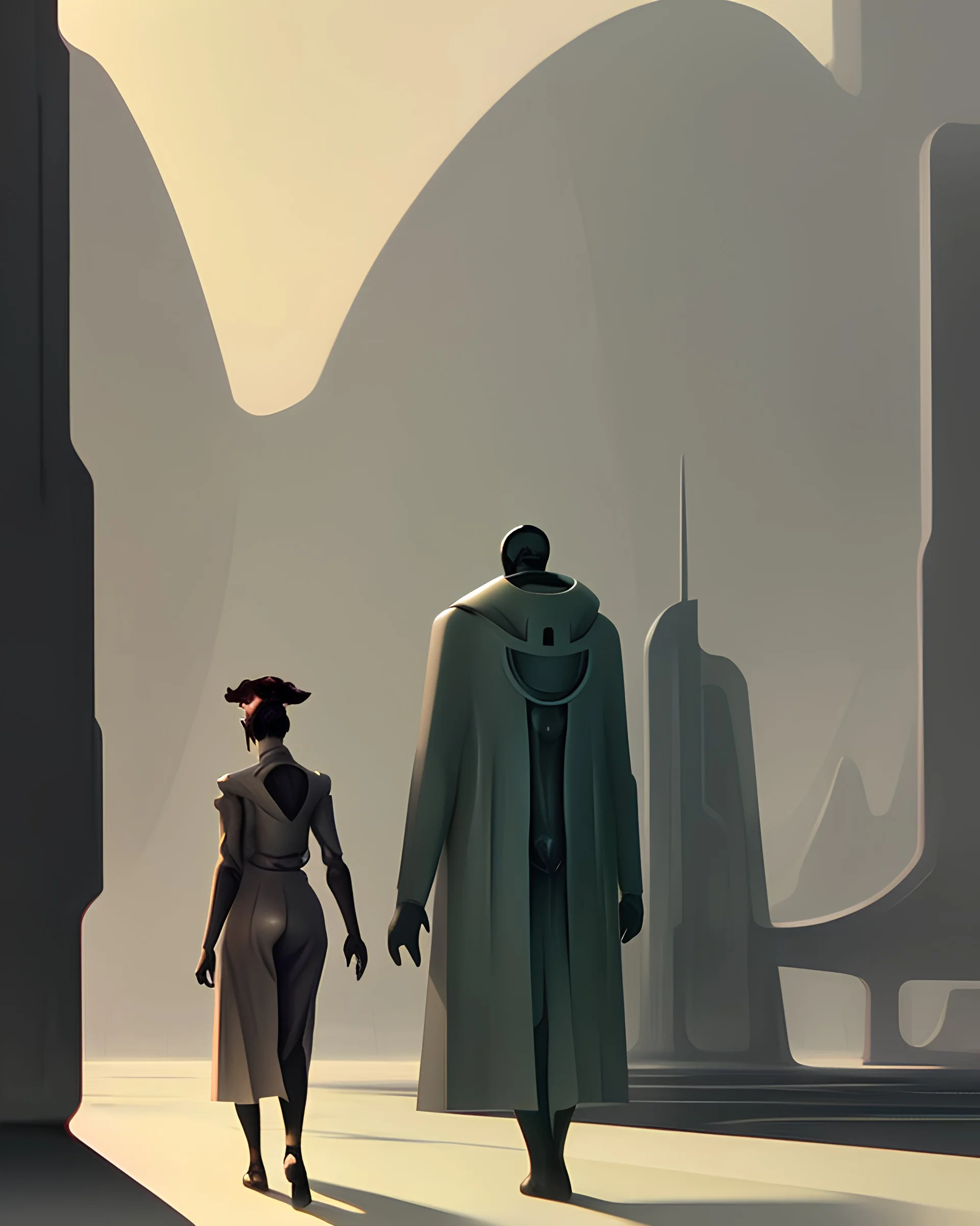 An android walks a man, in a fantastitical, futuristic setting,highly detailed, in the style of Leonora Carrington