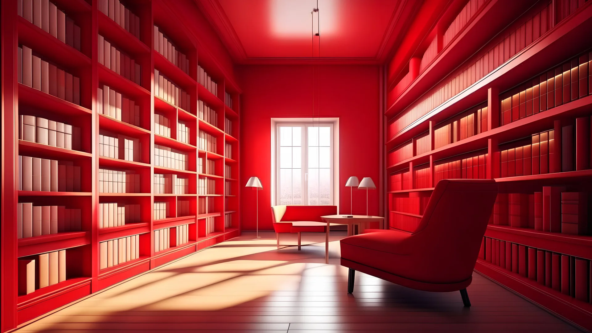 Modern red library interior with sunlight. Decor and desing concept. 3D Rendering